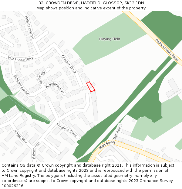 32, CROWDEN DRIVE, HADFIELD, GLOSSOP, SK13 1DN: Location map and indicative extent of plot