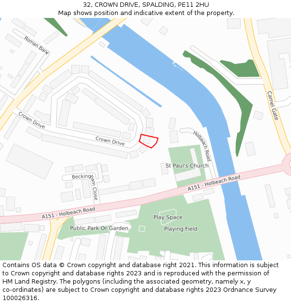 32, CROWN DRIVE, SPALDING, PE11 2HU: Location map and indicative extent of plot