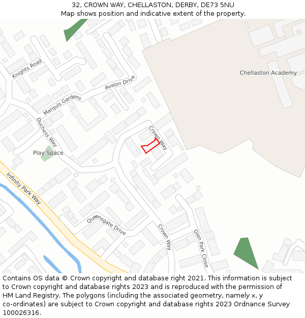 32, CROWN WAY, CHELLASTON, DERBY, DE73 5NU: Location map and indicative extent of plot