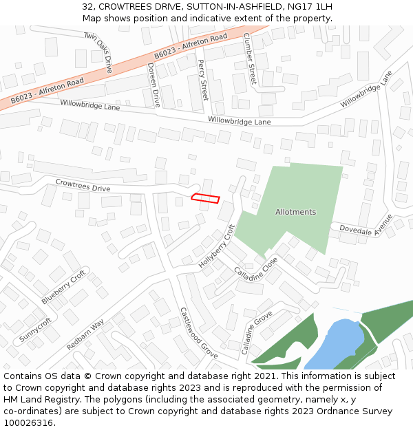 32, CROWTREES DRIVE, SUTTON-IN-ASHFIELD, NG17 1LH: Location map and indicative extent of plot