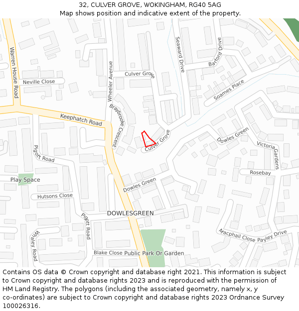 32, CULVER GROVE, WOKINGHAM, RG40 5AG: Location map and indicative extent of plot