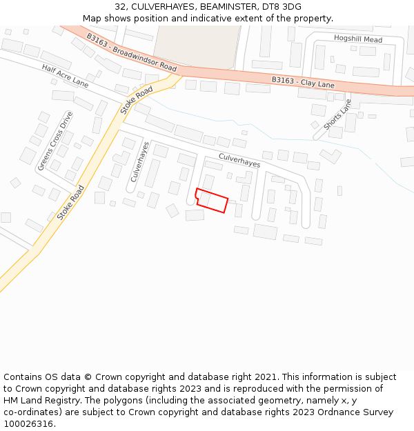 32, CULVERHAYES, BEAMINSTER, DT8 3DG: Location map and indicative extent of plot