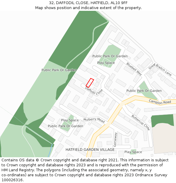 32, DAFFODIL CLOSE, HATFIELD, AL10 9FF: Location map and indicative extent of plot