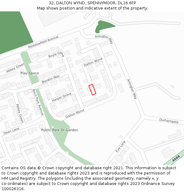 32, DALTON WYND, SPENNYMOOR, DL16 6FP: Location map and indicative extent of plot