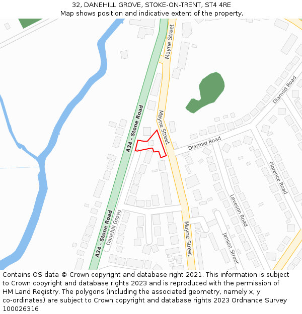 32, DANEHILL GROVE, STOKE-ON-TRENT, ST4 4RE: Location map and indicative extent of plot