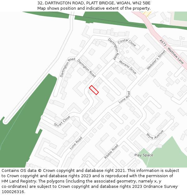 32, DARTINGTON ROAD, PLATT BRIDGE, WIGAN, WN2 5BE: Location map and indicative extent of plot