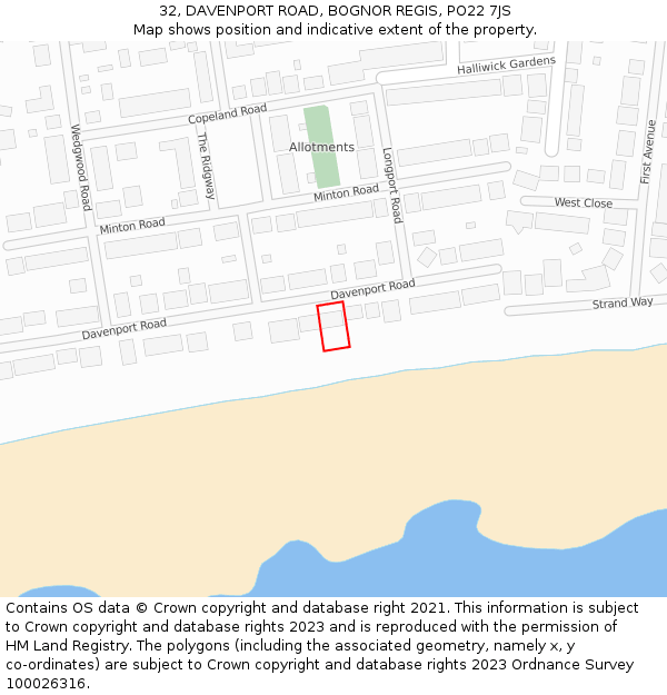 32, DAVENPORT ROAD, BOGNOR REGIS, PO22 7JS: Location map and indicative extent of plot