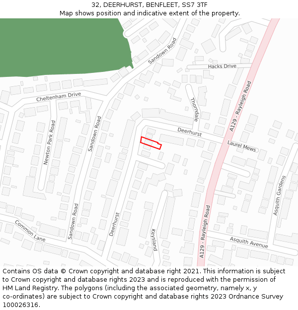 32, DEERHURST, BENFLEET, SS7 3TF: Location map and indicative extent of plot