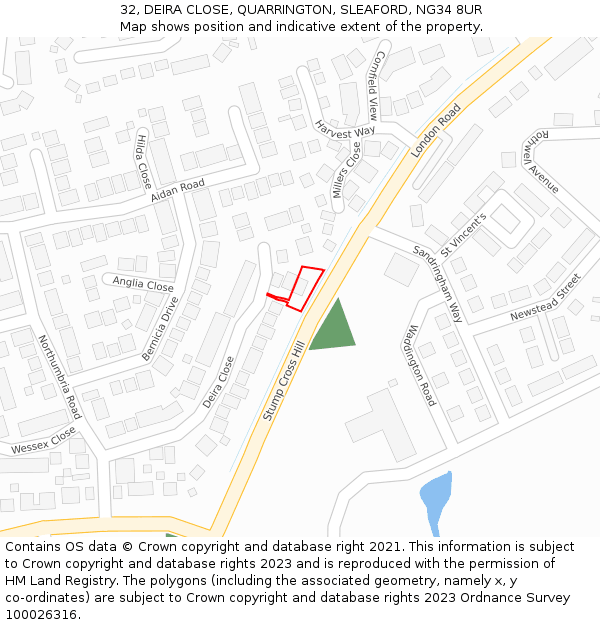 32, DEIRA CLOSE, QUARRINGTON, SLEAFORD, NG34 8UR: Location map and indicative extent of plot