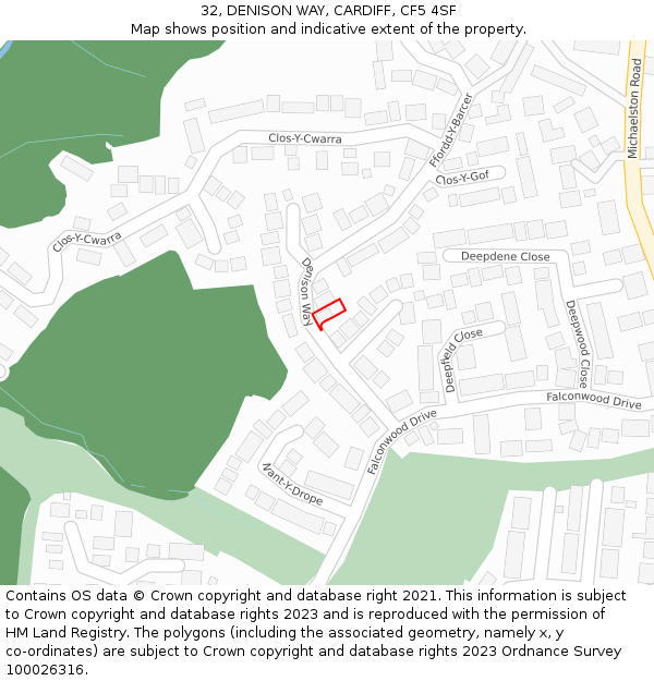 32, DENISON WAY, CARDIFF, CF5 4SF: Location map and indicative extent of plot