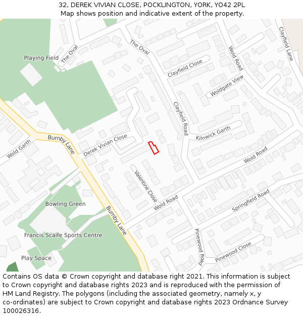 32, DEREK VIVIAN CLOSE, POCKLINGTON, YORK, YO42 2PL: Location map and indicative extent of plot