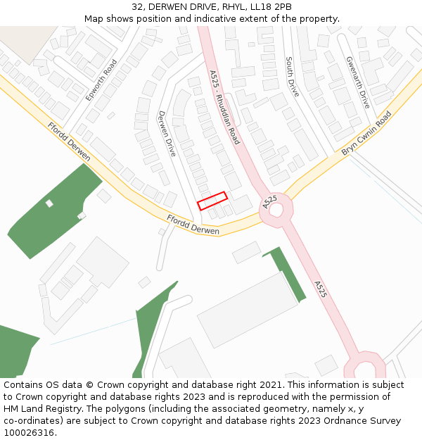 32, DERWEN DRIVE, RHYL, LL18 2PB: Location map and indicative extent of plot