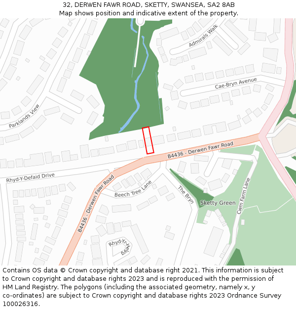 32, DERWEN FAWR ROAD, SKETTY, SWANSEA, SA2 8AB: Location map and indicative extent of plot