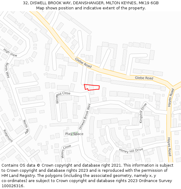 32, DISWELL BROOK WAY, DEANSHANGER, MILTON KEYNES, MK19 6GB: Location map and indicative extent of plot