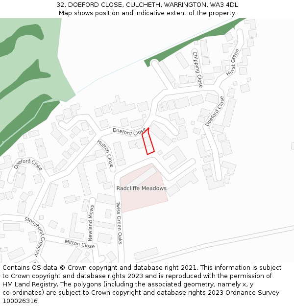 32, DOEFORD CLOSE, CULCHETH, WARRINGTON, WA3 4DL: Location map and indicative extent of plot