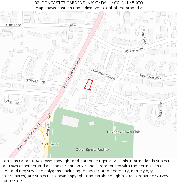 32, DONCASTER GARDENS, NAVENBY, LINCOLN, LN5 0TQ: Location map and indicative extent of plot