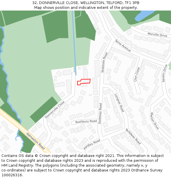 32, DONNERVILLE CLOSE, WELLINGTON, TELFORD, TF1 3PB: Location map and indicative extent of plot