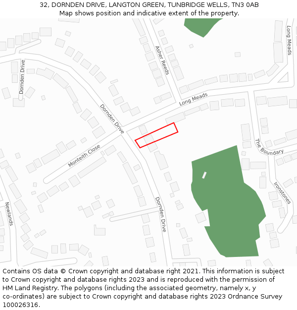 32, DORNDEN DRIVE, LANGTON GREEN, TUNBRIDGE WELLS, TN3 0AB: Location map and indicative extent of plot