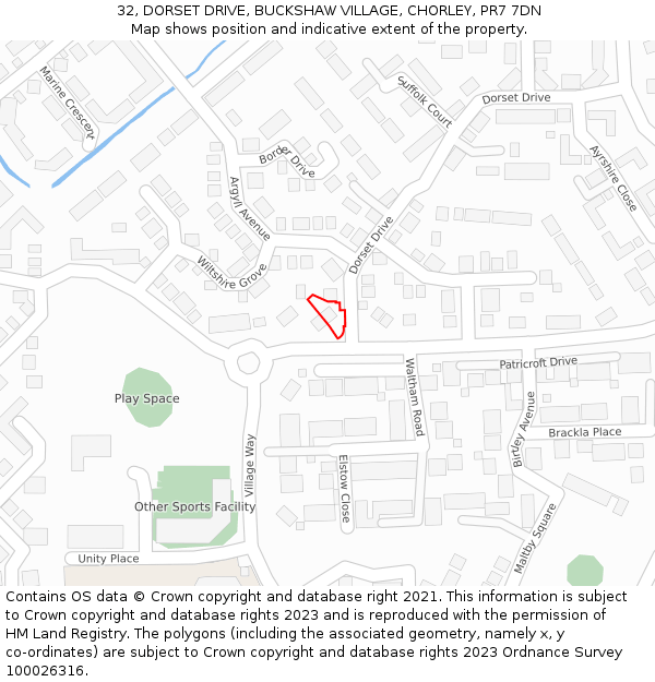 32, DORSET DRIVE, BUCKSHAW VILLAGE, CHORLEY, PR7 7DN: Location map and indicative extent of plot