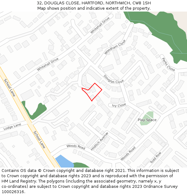 32, DOUGLAS CLOSE, HARTFORD, NORTHWICH, CW8 1SH: Location map and indicative extent of plot