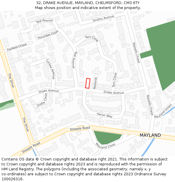 32, DRAKE AVENUE, MAYLAND, CHELMSFORD, CM3 6TY: Location map and indicative extent of plot