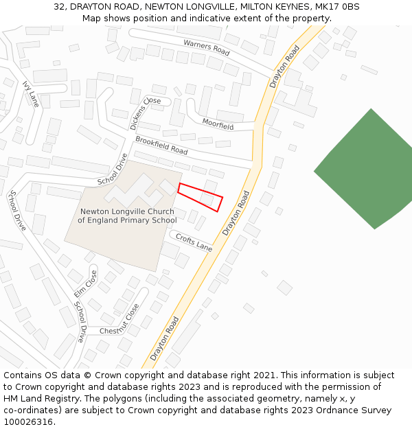 32, DRAYTON ROAD, NEWTON LONGVILLE, MILTON KEYNES, MK17 0BS: Location map and indicative extent of plot