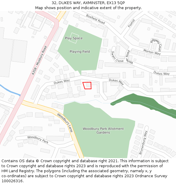 32, DUKES WAY, AXMINSTER, EX13 5QP: Location map and indicative extent of plot