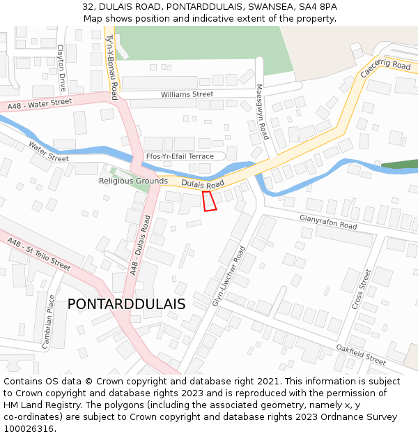 32, DULAIS ROAD, PONTARDDULAIS, SWANSEA, SA4 8PA: Location map and indicative extent of plot