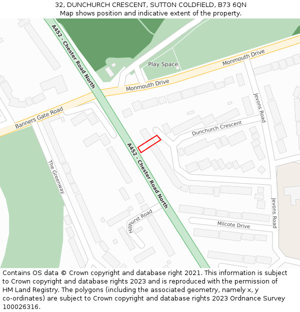 32, DUNCHURCH CRESCENT, SUTTON COLDFIELD, B73 6QN: Location map and indicative extent of plot