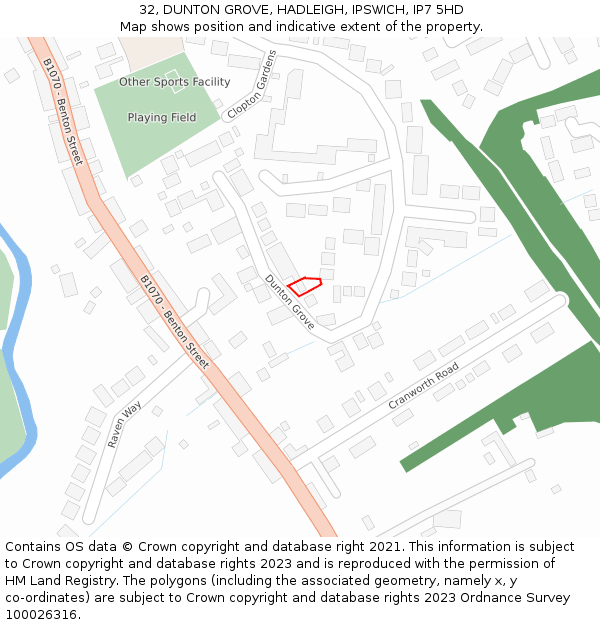 32, DUNTON GROVE, HADLEIGH, IPSWICH, IP7 5HD: Location map and indicative extent of plot