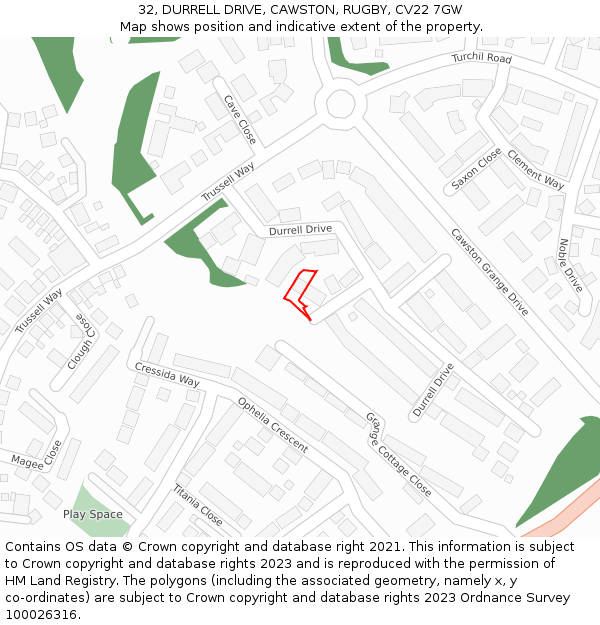 32, DURRELL DRIVE, CAWSTON, RUGBY, CV22 7GW: Location map and indicative extent of plot