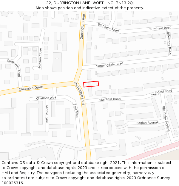 32, DURRINGTON LANE, WORTHING, BN13 2QJ: Location map and indicative extent of plot