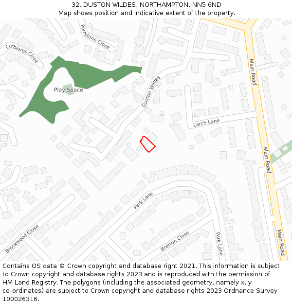 32, DUSTON WILDES, NORTHAMPTON, NN5 6ND: Location map and indicative extent of plot