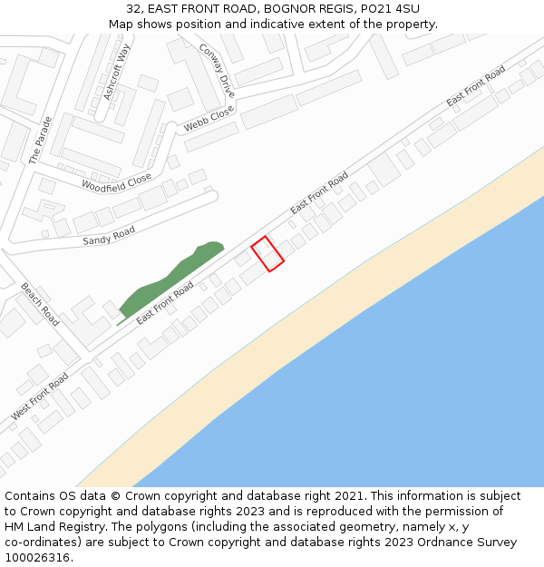 32, EAST FRONT ROAD, BOGNOR REGIS, PO21 4SU: Location map and indicative extent of plot