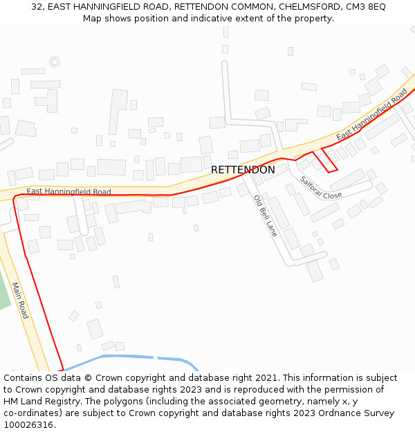 32, EAST HANNINGFIELD ROAD, RETTENDON COMMON, CHELMSFORD, CM3 8EQ: Location map and indicative extent of plot