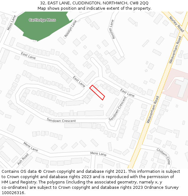 32, EAST LANE, CUDDINGTON, NORTHWICH, CW8 2QQ: Location map and indicative extent of plot