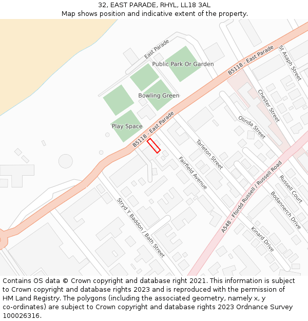 32, EAST PARADE, RHYL, LL18 3AL: Location map and indicative extent of plot