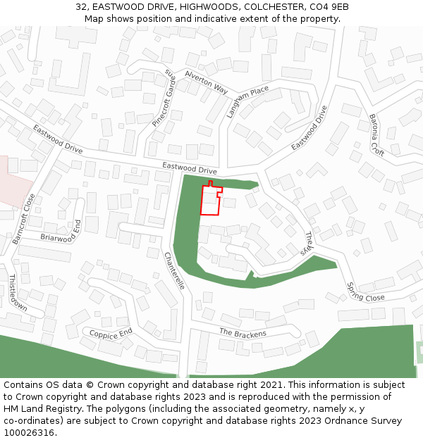 32, EASTWOOD DRIVE, HIGHWOODS, COLCHESTER, CO4 9EB: Location map and indicative extent of plot