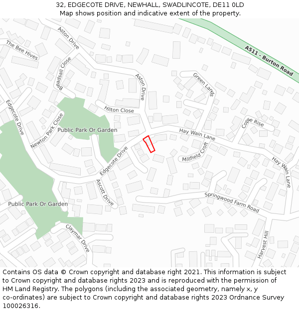 32, EDGECOTE DRIVE, NEWHALL, SWADLINCOTE, DE11 0LD: Location map and indicative extent of plot