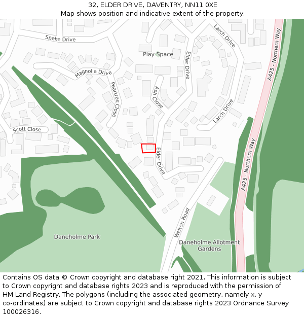 32, ELDER DRIVE, DAVENTRY, NN11 0XE: Location map and indicative extent of plot