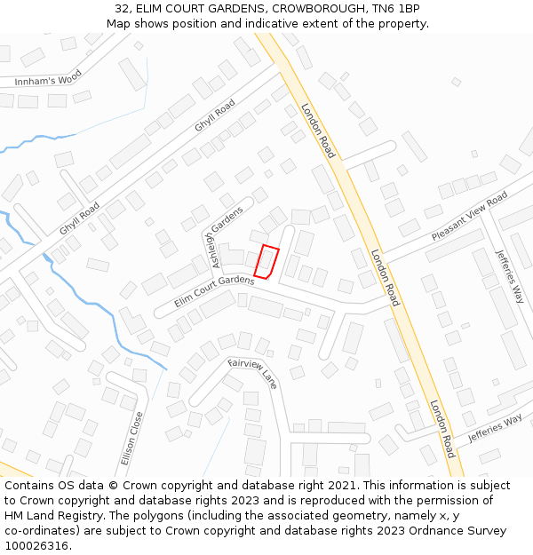 32, ELIM COURT GARDENS, CROWBOROUGH, TN6 1BP: Location map and indicative extent of plot