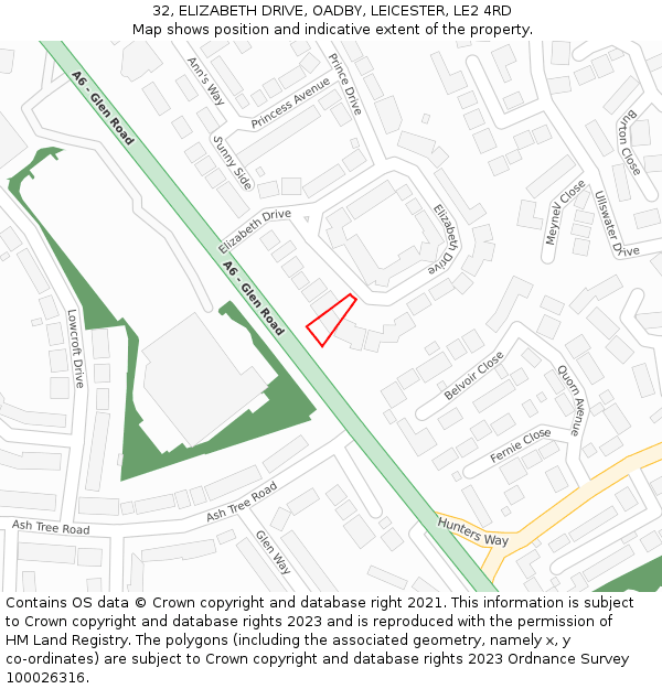 32, ELIZABETH DRIVE, OADBY, LEICESTER, LE2 4RD: Location map and indicative extent of plot