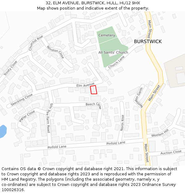 32, ELM AVENUE, BURSTWICK, HULL, HU12 9HX: Location map and indicative extent of plot