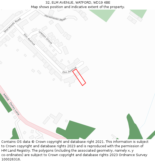 32, ELM AVENUE, WATFORD, WD19 4BE: Location map and indicative extent of plot