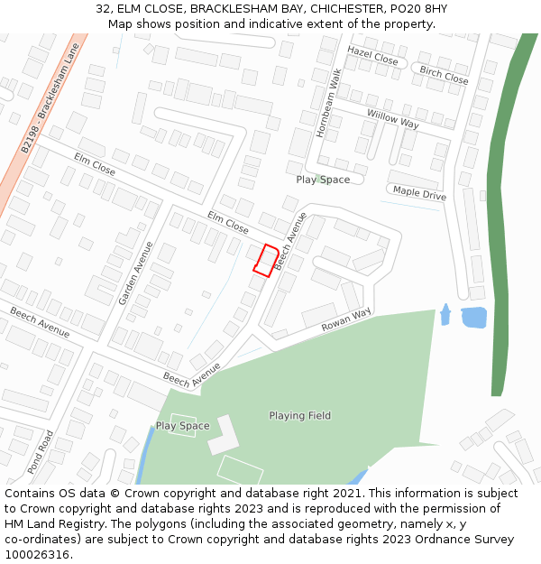 32, ELM CLOSE, BRACKLESHAM BAY, CHICHESTER, PO20 8HY: Location map and indicative extent of plot