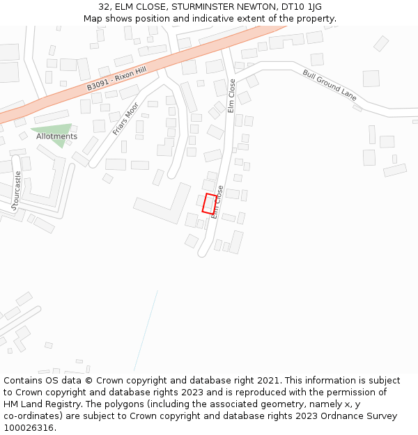 32, ELM CLOSE, STURMINSTER NEWTON, DT10 1JG: Location map and indicative extent of plot