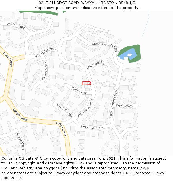 32, ELM LODGE ROAD, WRAXALL, BRISTOL, BS48 1JG: Location map and indicative extent of plot