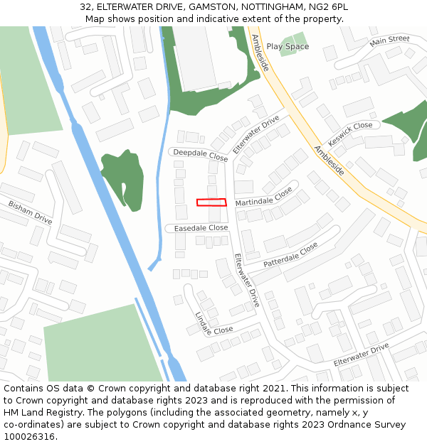 32, ELTERWATER DRIVE, GAMSTON, NOTTINGHAM, NG2 6PL: Location map and indicative extent of plot