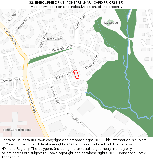 32, ENBOURNE DRIVE, PONTPRENNAU, CARDIFF, CF23 8FX: Location map and indicative extent of plot