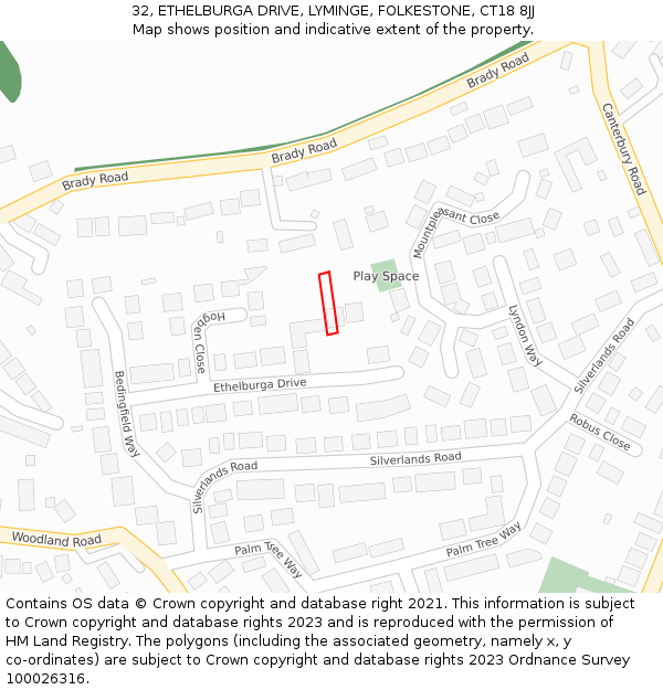 32, ETHELBURGA DRIVE, LYMINGE, FOLKESTONE, CT18 8JJ: Location map and indicative extent of plot